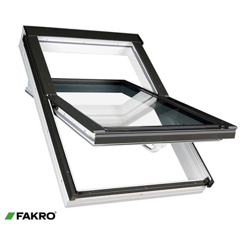 Fakro white PVC centre pivot roof window with obscure glazing, dimensions 78x140cm.