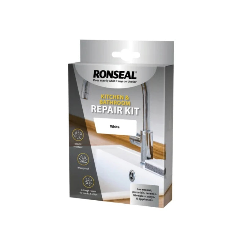 White Ronseal Kitchen and Bathroom Repair Kit for enamel, porcelain, and acrylic surfaces, waterproof and easy to use.
