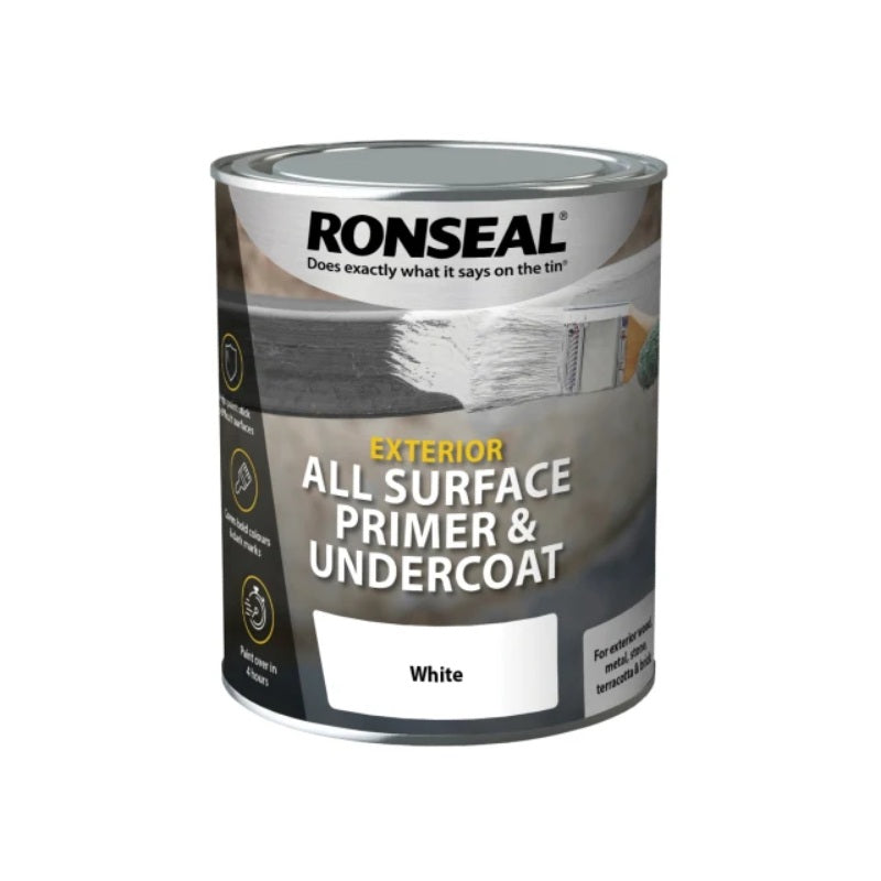 Ronseal All Surface Primer and Undercoat in white, 750ml can for exterior use.