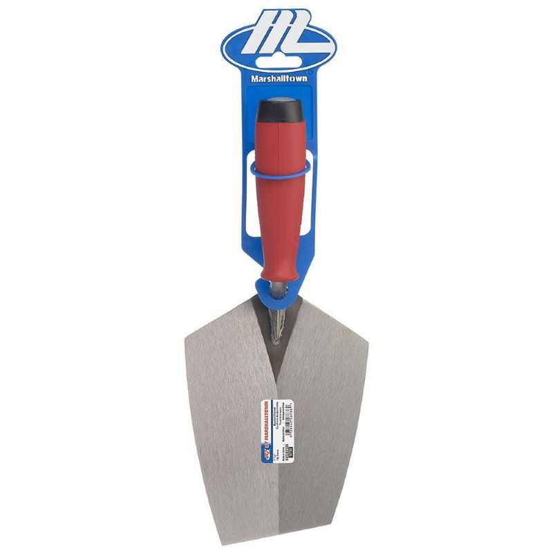 Marshalltown RST bucket trowel with soft touch red handle and stainless steel blade for tiling and garden use.