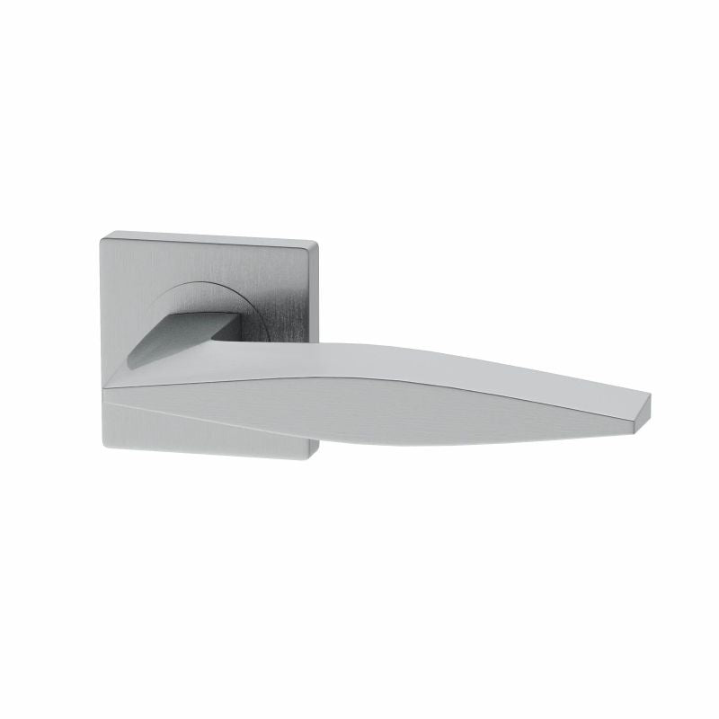 Vardar PNP lever handle with square rose in brushed stainless steel, available in sizes 65mm and 75mm, by XL Joinery.