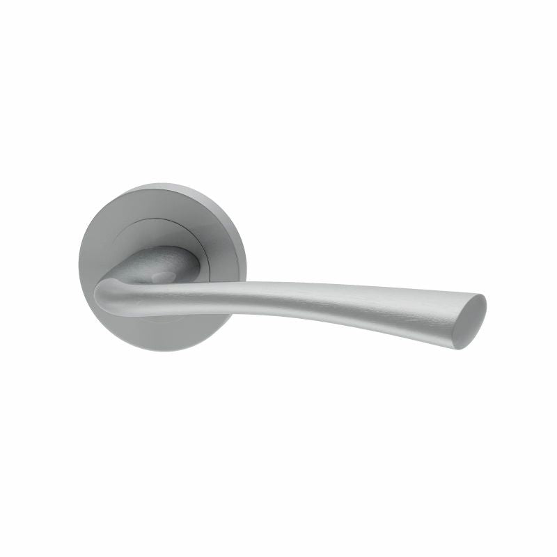 Brushed stainless steel bathroom lever handle with round rose, by XL Joinery, available in 65mm and 75mm sizes.