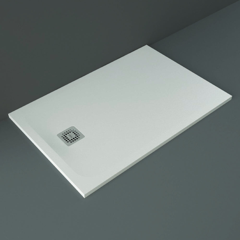 White stone effect rectangular shower tray with anti-slip surface by RAK Ceramics, measuring 1200 x 800mm.