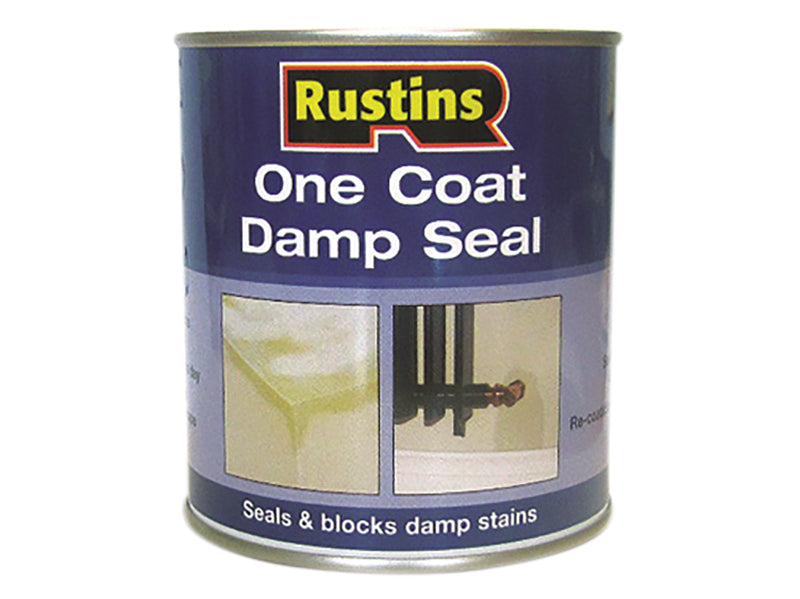 Rustins One Coat Damp Seal 250ml tin, designed to seal and block damp stains on walls.