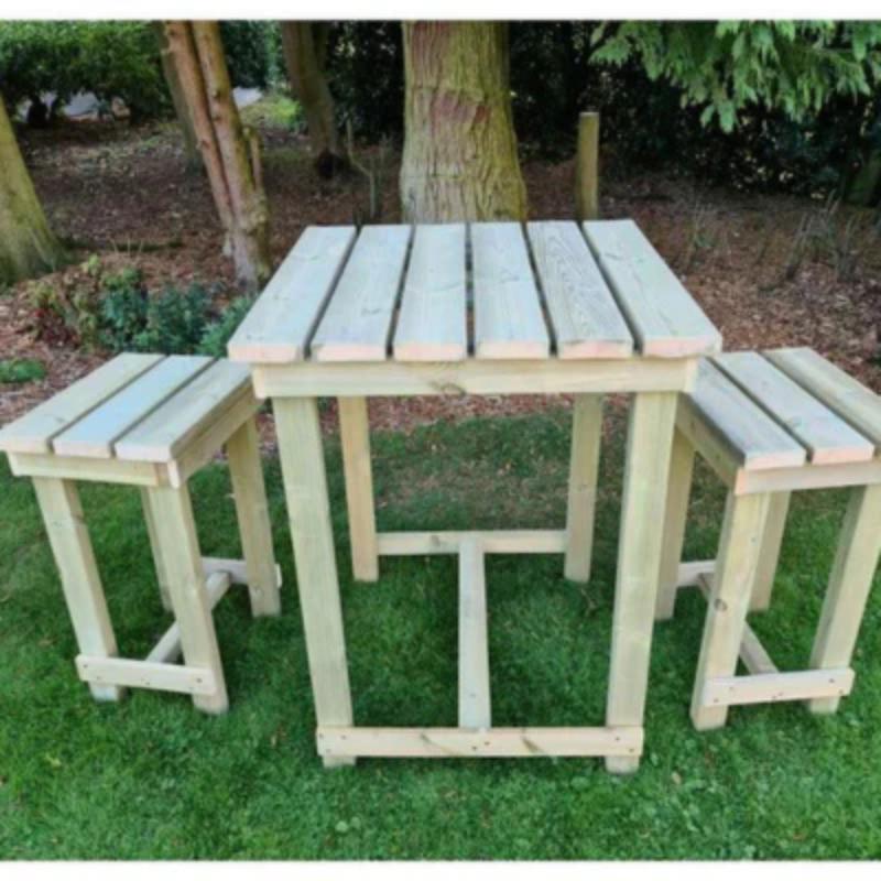 Light wood outdoor bar set with two stools and a square table by Churnet Valley. Ideal for garden use.