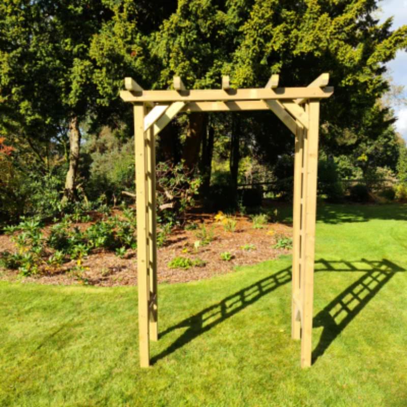 Churnet Valley 4ft wooden rose arch in natural wood finish, perfect for garden paths or floral displays.