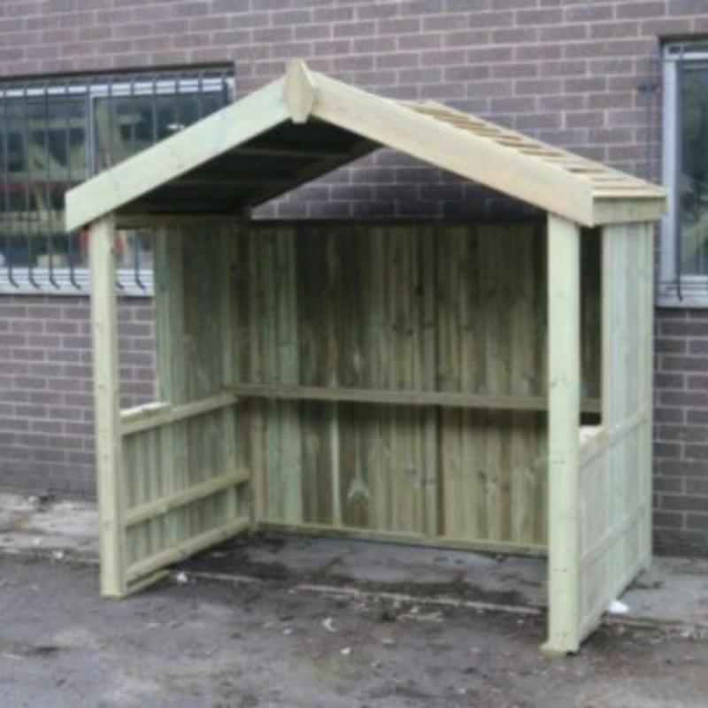 Churnet Valley XL smoking shelter with apex roof, made of natural wood, featuring open sides and slatted design.
