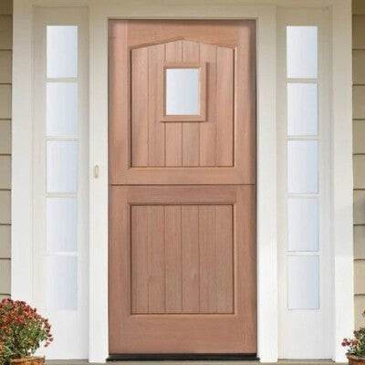 Light wooden stable door with a rectangular window and side lights