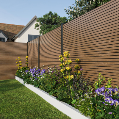 ShadowClad slatted composite cladding panel in Golden Oak, ideal for outdoor use, featuring sleek, modern design.
