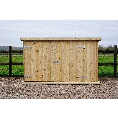 Wooden bike storage shed in natural finish, featuring double doors and reinforced metal hinges from The Garden Village.