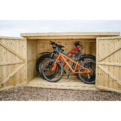 Wooden bike storage shed with multiple bicycles inside, by The Garden Village, suitable for outdoor use.