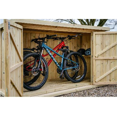 Chipping Bike Store by The Garden Village, outdoor wooden shed, storing two bikes in green and red, with a natural wood fini