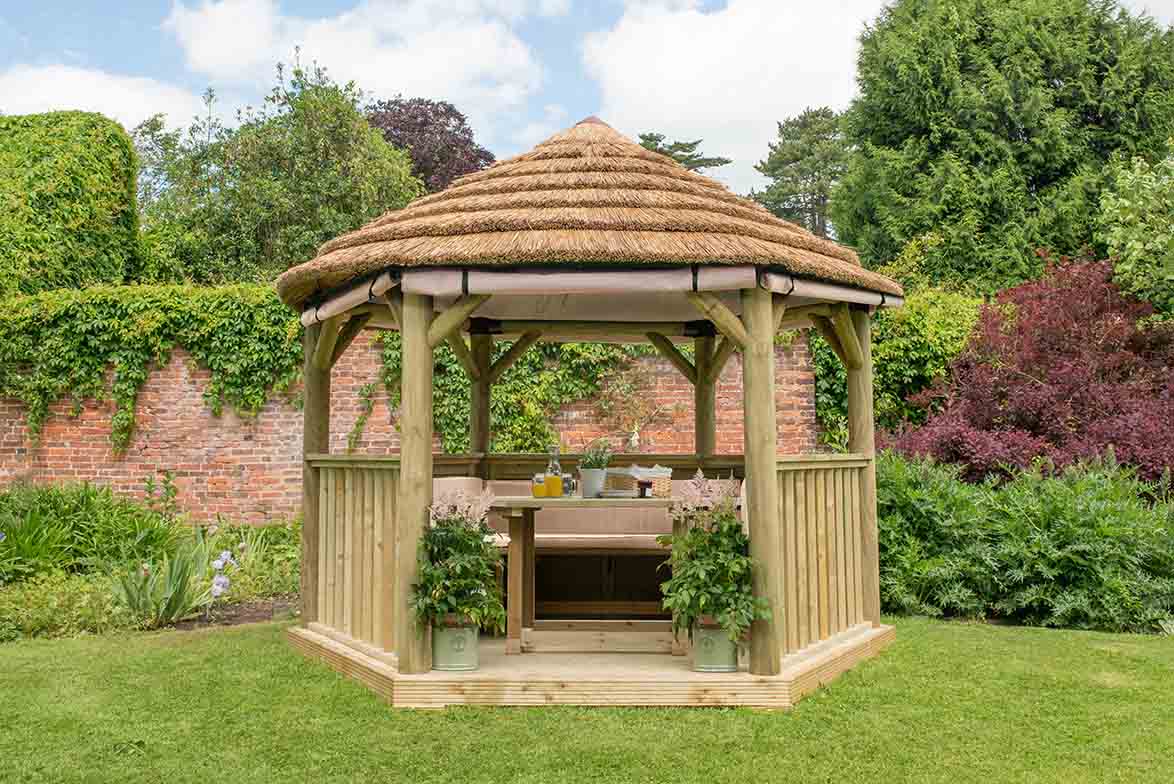 Image for Forest 3.6m Hexagonal Wooden Garden Gazebo with Thatched Roof - Cream Lining