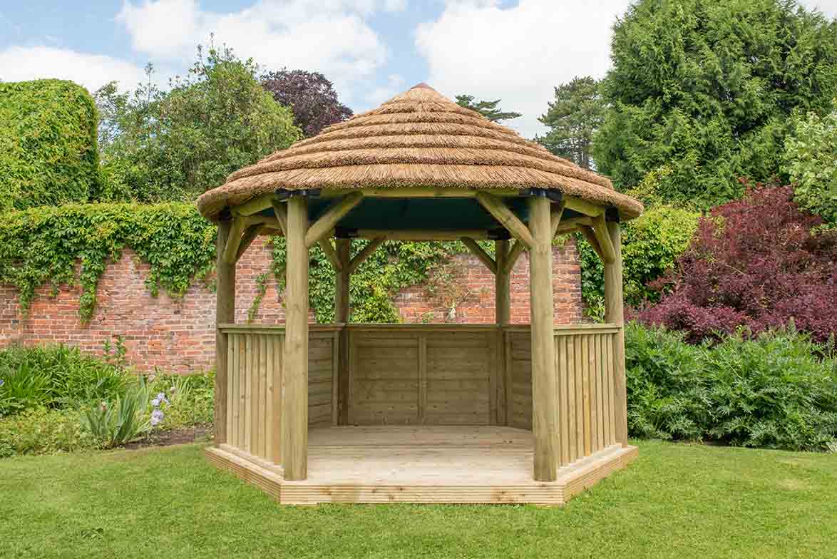 Image for Forest 3.6m Hexagonal Wooden Garden Gazebo with Thatched Roof - Cream Lining