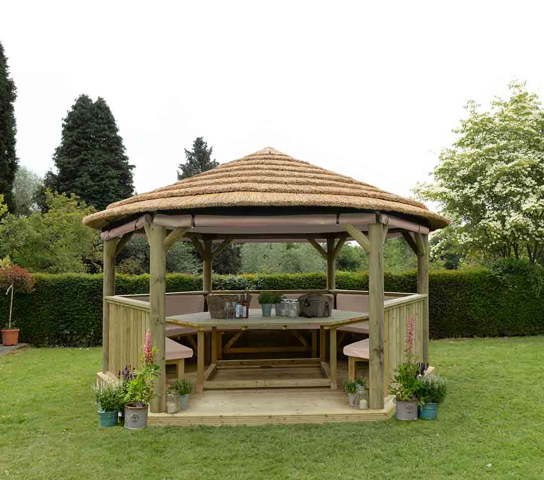 Image for Forest 4.7m Hexagonal Wooden Garden Gazebo with Thatched Roof - Cream Lining