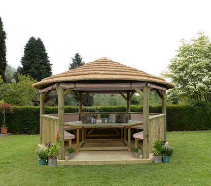 Image for Forest 4.7m Hexagonal Wooden Garden Gazebo with Thatched Roof - Cream Lining