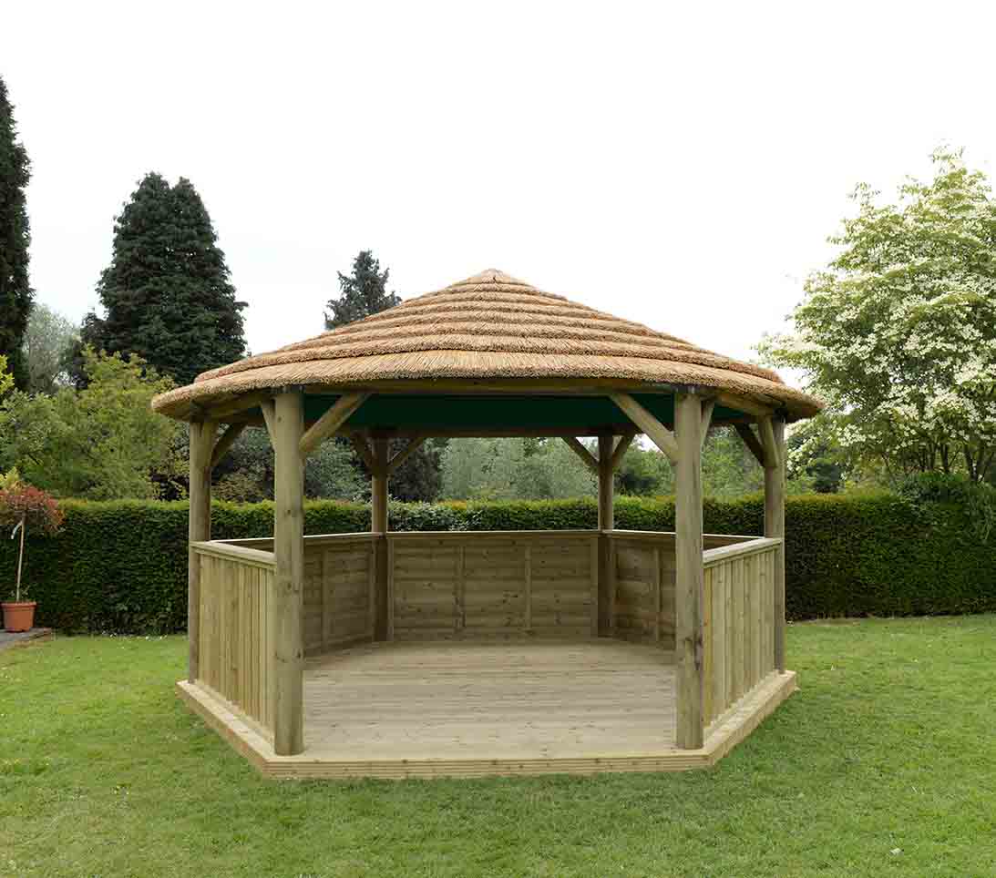 Image for Forest 4.7m Hexagonal Wooden Garden Gazebo with Thatched Roof - Cream Lining