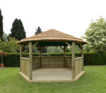 Image for Forest 4.7m Hexagonal Wooden Garden Gazebo with Thatched Roof - Cream Lining