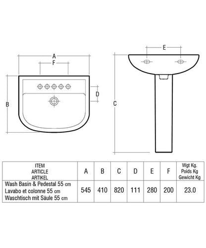 Image for RAK Compact Basin & Full Pedestal 550mm Wide 1 Tap Hole