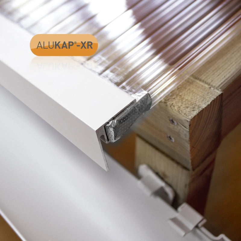 Alukap-XR aluminium end stop bar in white, 6.4mm x 4.8m, suitable for glazing applications.