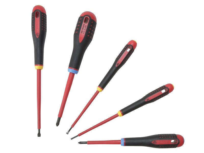 Bahco insulated ERGO™ screwdriver set, 5-piece with red and black grips, includes slotted and Phillips heads.