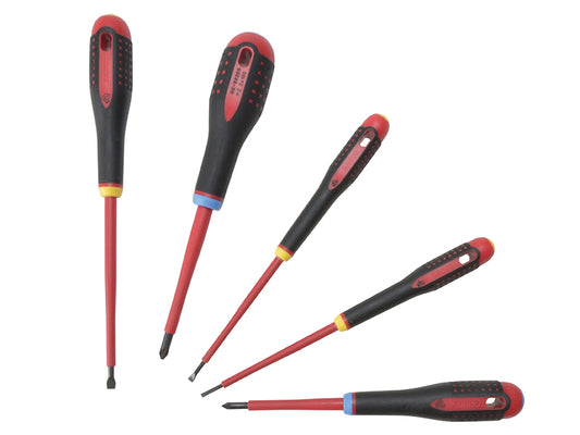 Bahco insulated ERGO™ screwdriver set, 5-piece with red and black grips, includes slotted and Phillips heads.