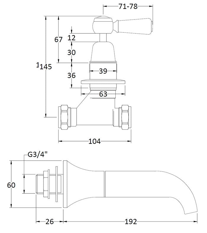 Image for Bayswater Black 3 Tap Hole Wall Bath Filler