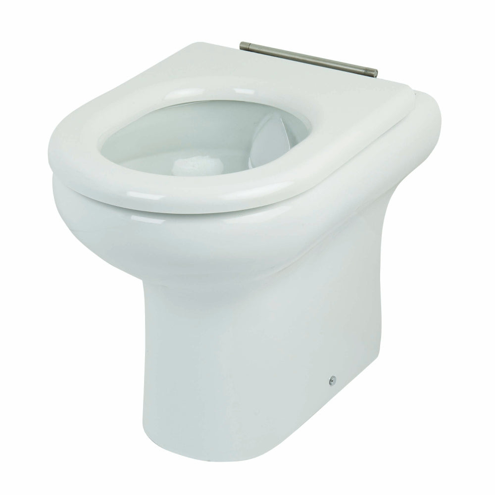 White rimless back-to-wall toilet pan from RAK Ceramics, designed for compact spaces and special needs accessibility.