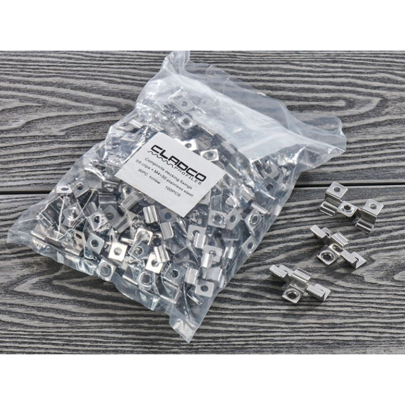 Cladco Composite Decking Stainless Steel Clips + M4 x 30 Stainless Steel Wood Screws (Pack of 100)