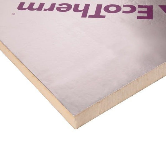 Ecotherm Eco-versal insulation board, 90mm thick, 2.4m x 1.2m, with reflective foil surface.