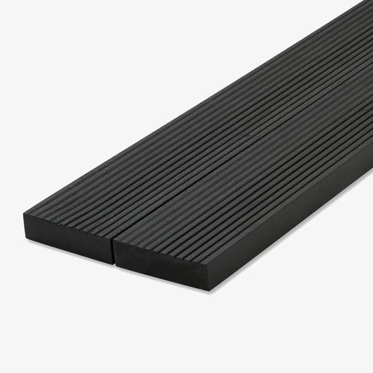 Black plastic decking boards with a non-slip texture by Envirobuild.