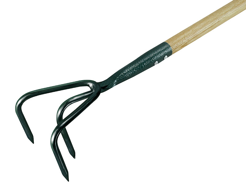 Faithfull 3-prong cultivator with a wooden handle and metal tines for efficient soil aeration and weed removal.