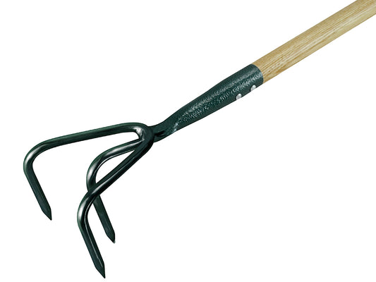 Faithfull 3-prong cultivator with a wooden handle and metal tines for efficient soil aeration and weed removal.