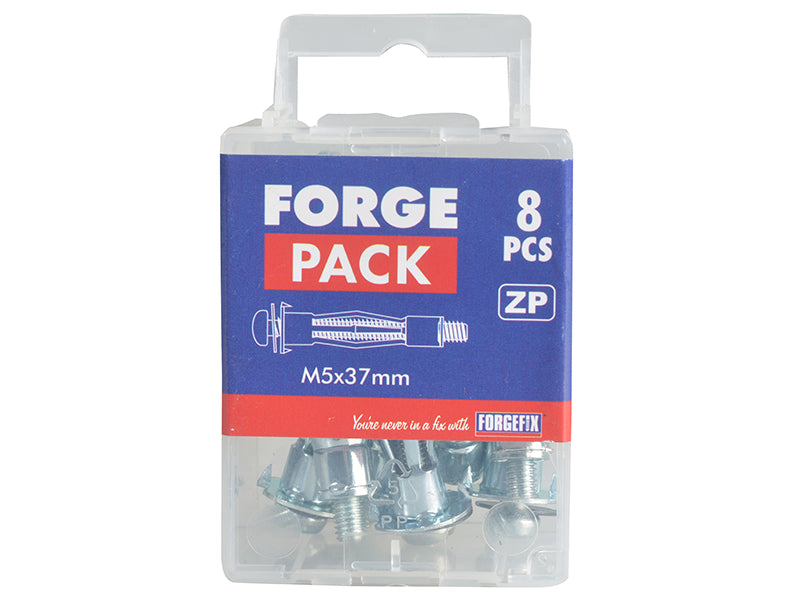 Cavity wall anchors M5 x 37mm zinc plated in a clear plastic box by ForgeFix, containing 100 pieces.