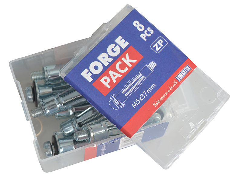Forgefix M5 x 37mm zinc plated cavity wall anchors in a clear plastic box, 100 pieces.