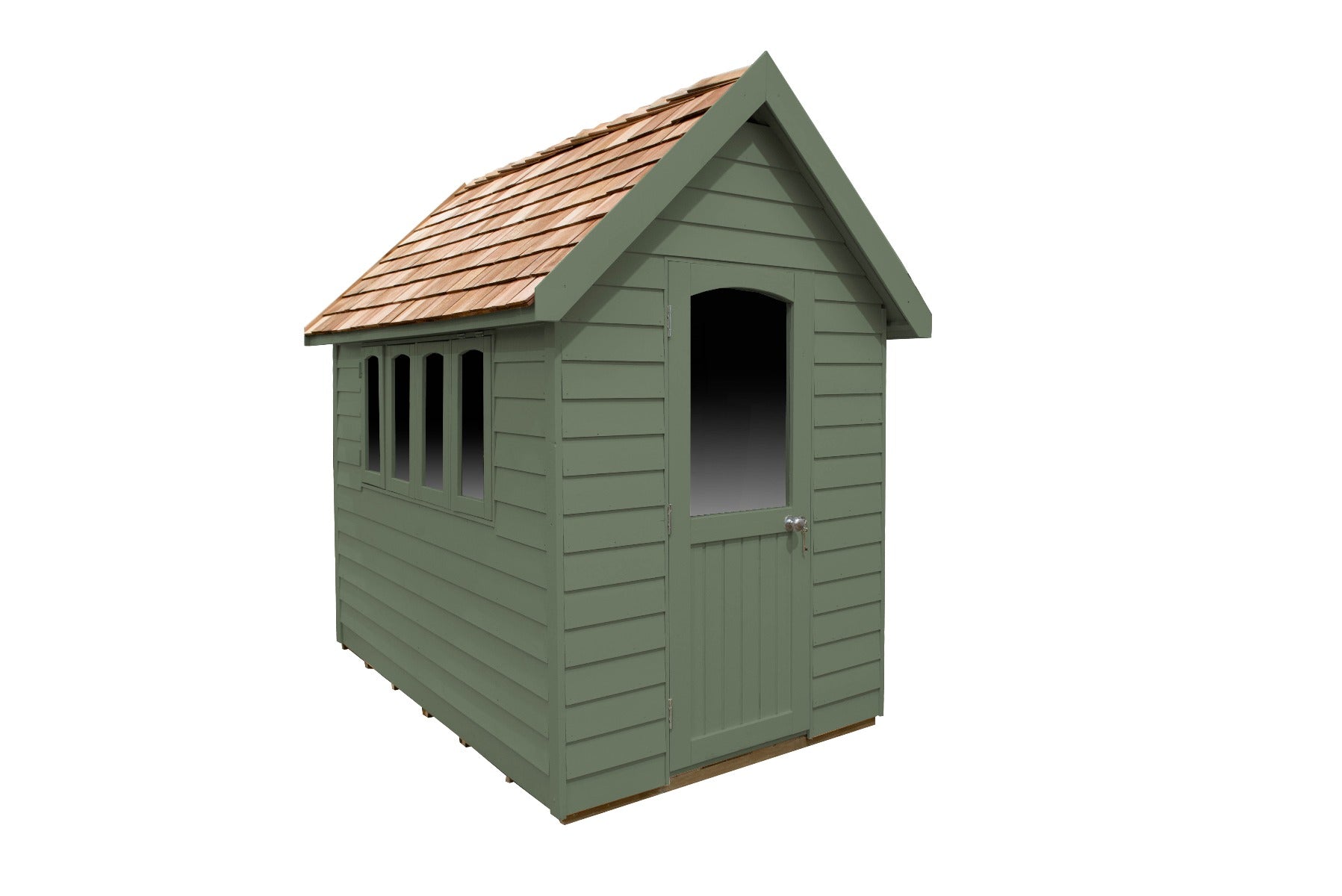 Moss green wooden shed with sloped roof, window openings, and a front door from Forest Garden, 8 x 5 ft.