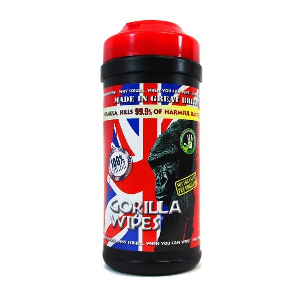 Red and black tub of Marshalltown RST Gorilla Wipes, containing 80 antibacterial cleaning wipes for various surfaces.