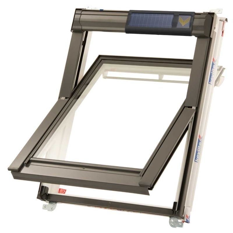 Hi-Therm solar-powered white PVC centre pivot roof window by Keylite, showcasing sleek design and energy efficiency.