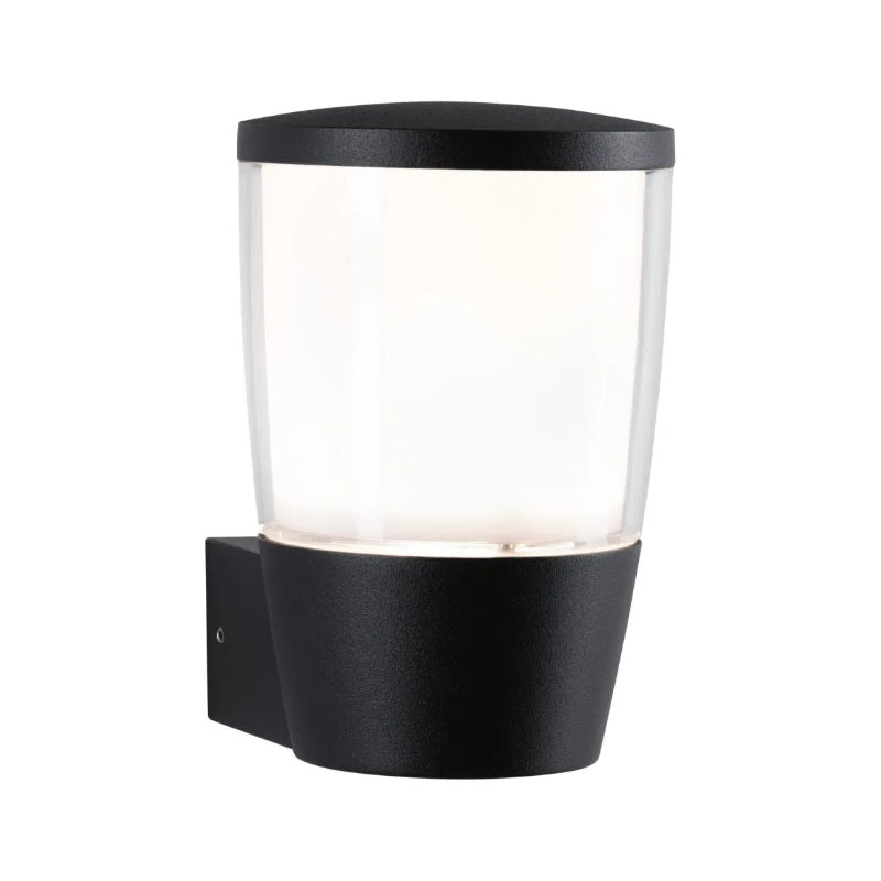Black LED exterior wall light with cylindrical glass shade by Paulmann, designed for outdoor use.