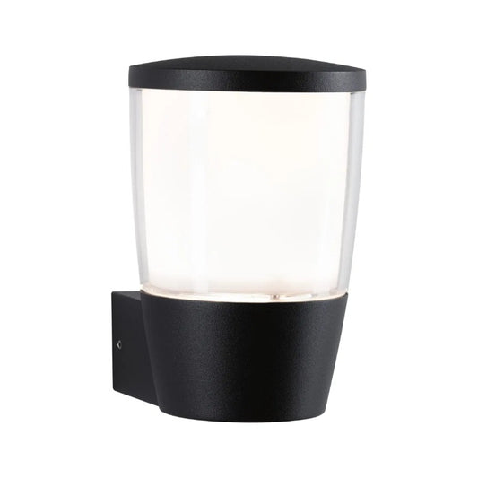 Black LED exterior wall light with cylindrical glass shade by Paulmann, designed for outdoor use.