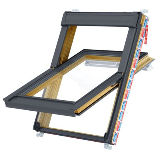 Keylite Pine Centre Pivot Roof Window in hi-therm design, featuring a pivoting mechanism and wooden frame.
