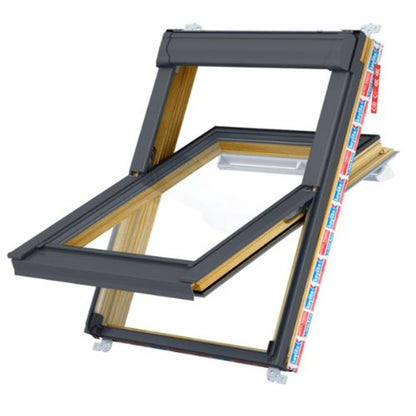 Keylite Hi-Therm Premium electric centre pivot roof window, showing pine frame and clear glass, available in multiple sizes.