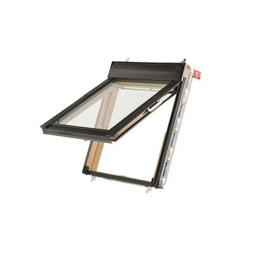 Keylite pine top hung roof window with clear glass, available in various sizes.