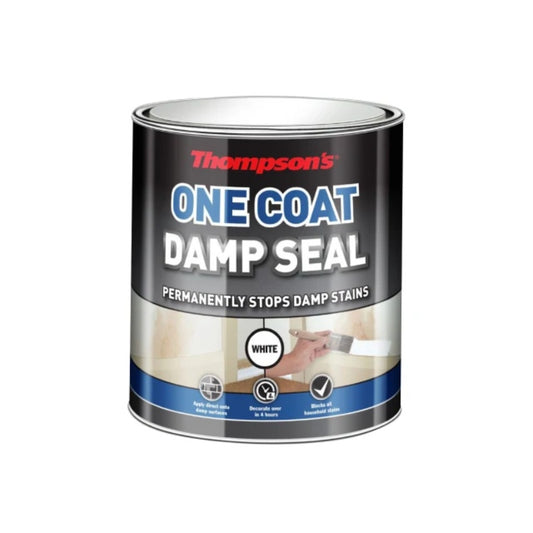 White Ronseal One Coat Stain Block Damp Seal can for stopping damp stains, available in sizes 250ml, 750ml, and 2.5L.