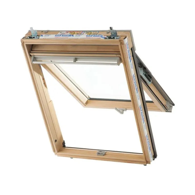 Keylite pine top hung roof window, hi-therm, with wooden frame and clear glass, available in multiple sizes.