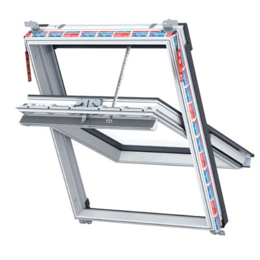 White PVC center pivot roof window by Keylite, featuring Hi-Therm insulation and electric operation. Sizes available.