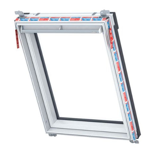 White PVC electric centre pivot roof window by Keylite, available in multiple sizes.