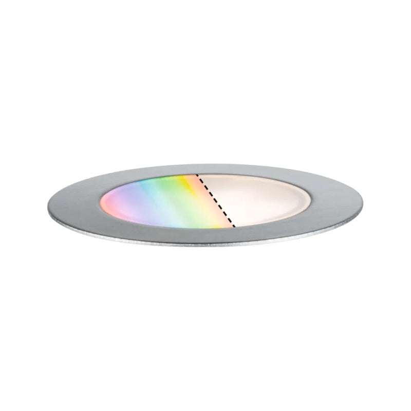 Paulmann LED recessed floor luminaire with circular stainless steel design and color-changing light feature.