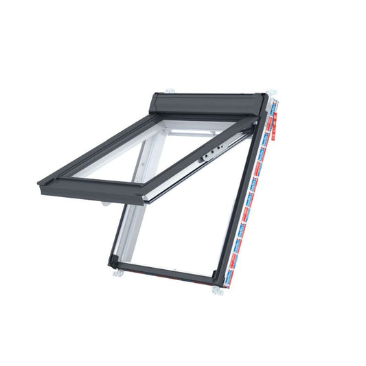 Keylite white PVC top hung roof window with Hi-Therm insulation, available in multiple sizes.