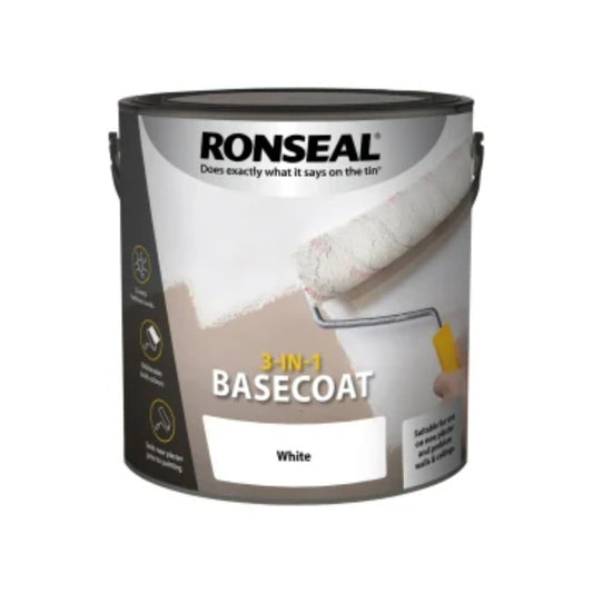 Ronseal 3-in-1 Basecoat White paint can with roller graphic, available in 2.5 and 5 litre sizes.